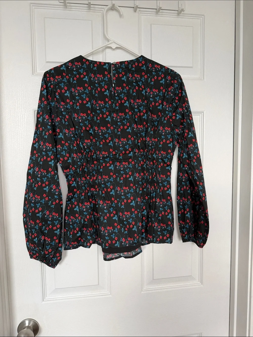 J. Crew Black Floral Smocked-Waist Long Sleeve Blouse with Liberty Print